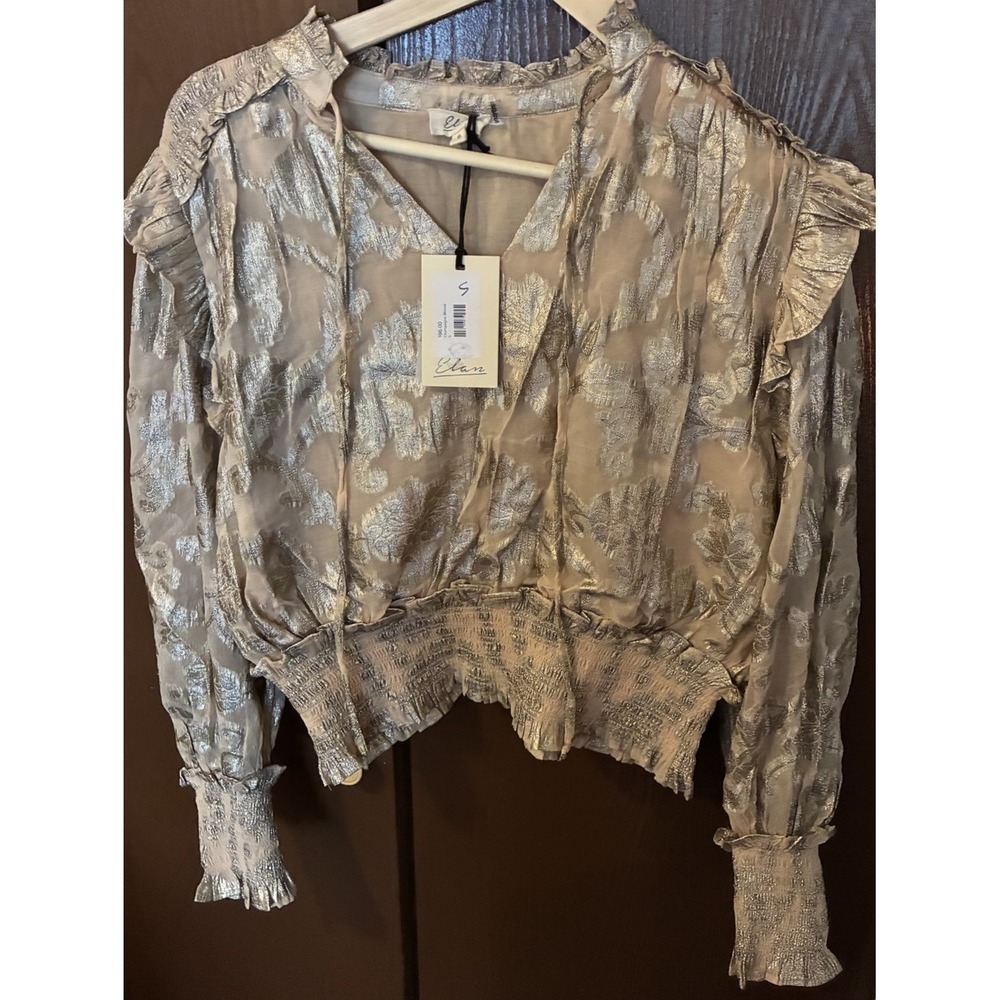 Elan Women's Champagne Metallic Smocked Ruffle Top Size S NWT